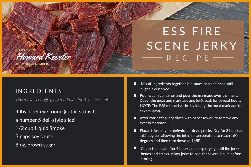 r Johnson County first responders love this traditional beef eye round jerky recipe.  The recipe is based on the recipe by late ESS member Howard Kessler.